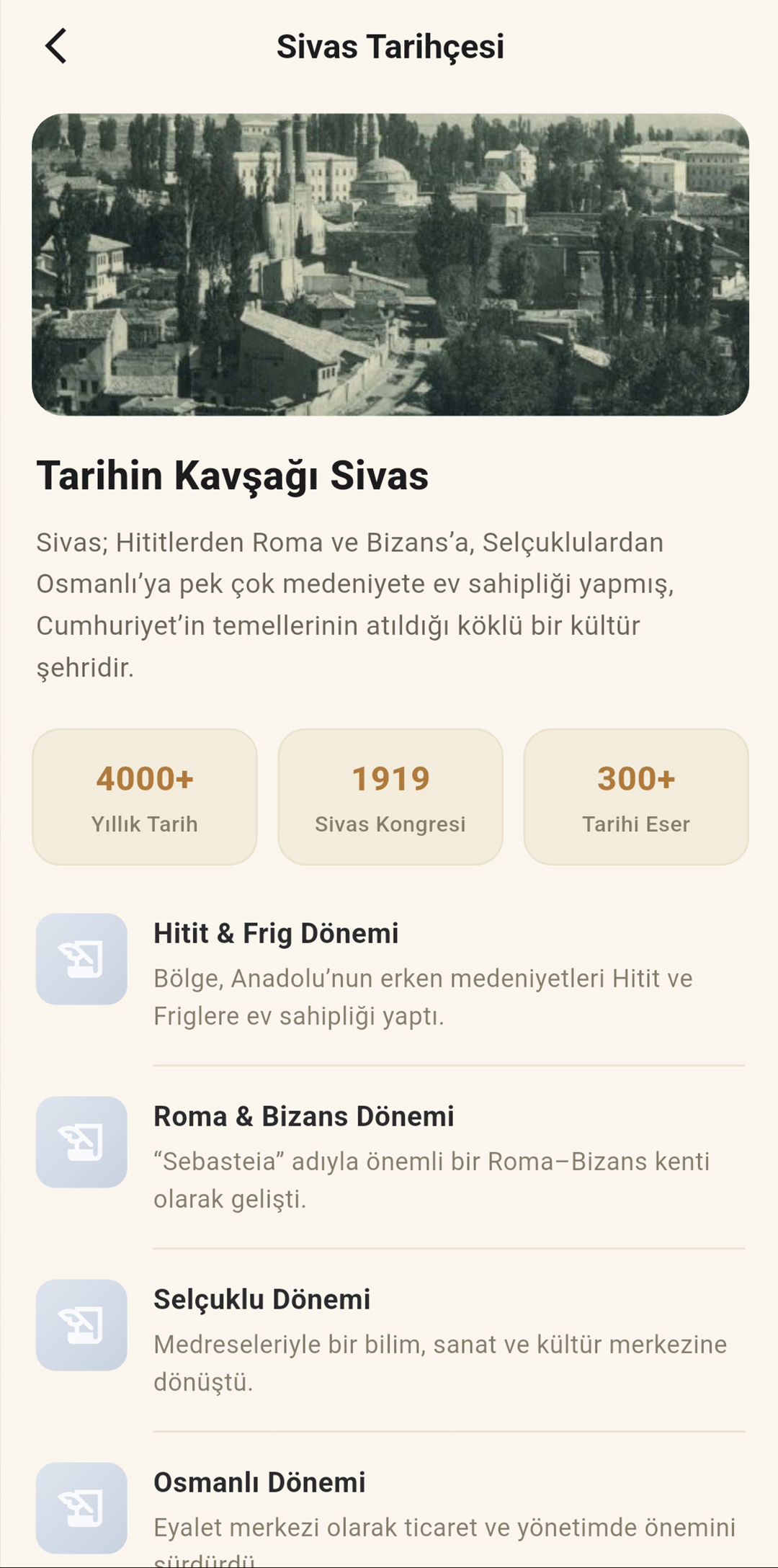 Visit Sivas tarihçe ekranı